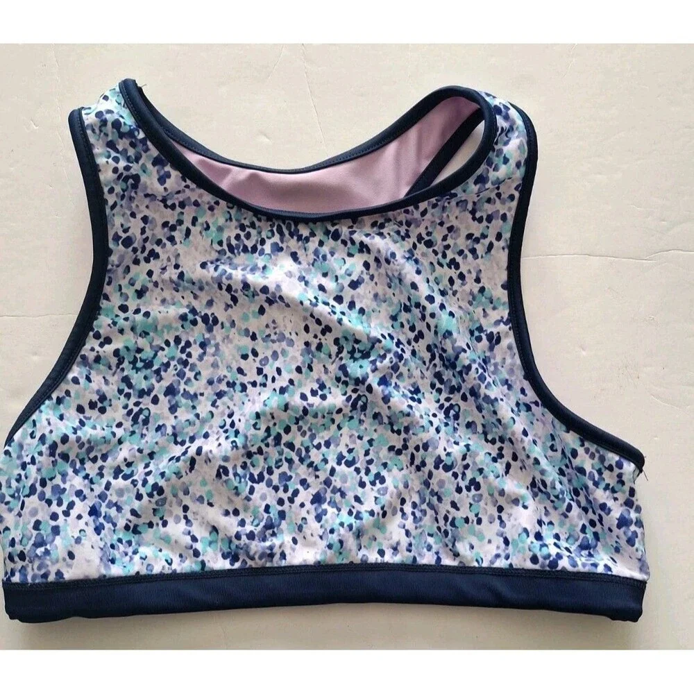Eddie Bauer Girls 2 Piece Reversible Swimsuit Med  10-12 Purple Blue Polka Dots